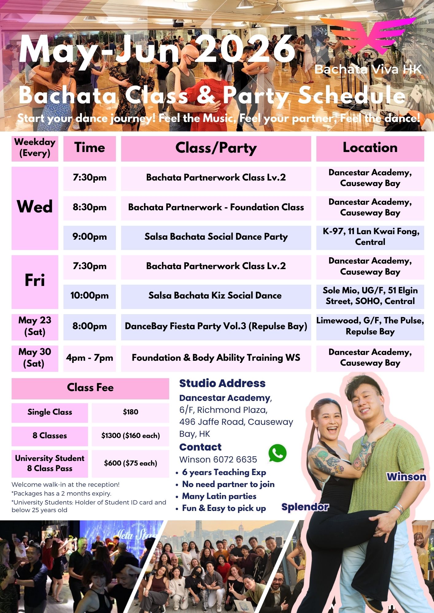 May to June 2026 Bachata class and party schedule