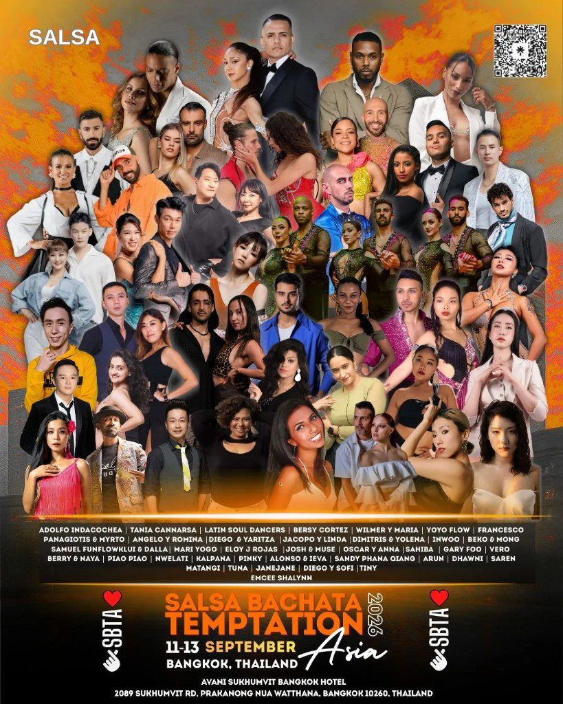 Salsa Bachata Temptation Asia 2026 salsa guest artists poster for Bangkok September 11 to 13