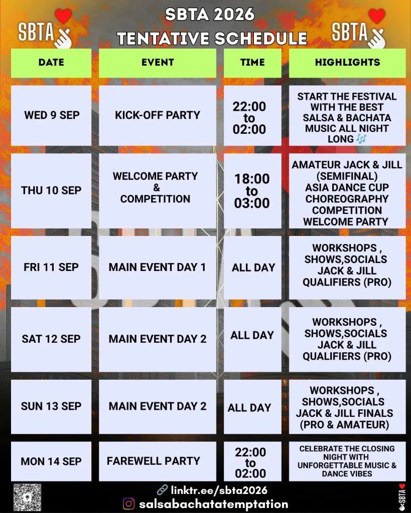 SBTA 2026 tentative schedule from September 9 kick-off party through September 14 farewell party in Bangkok